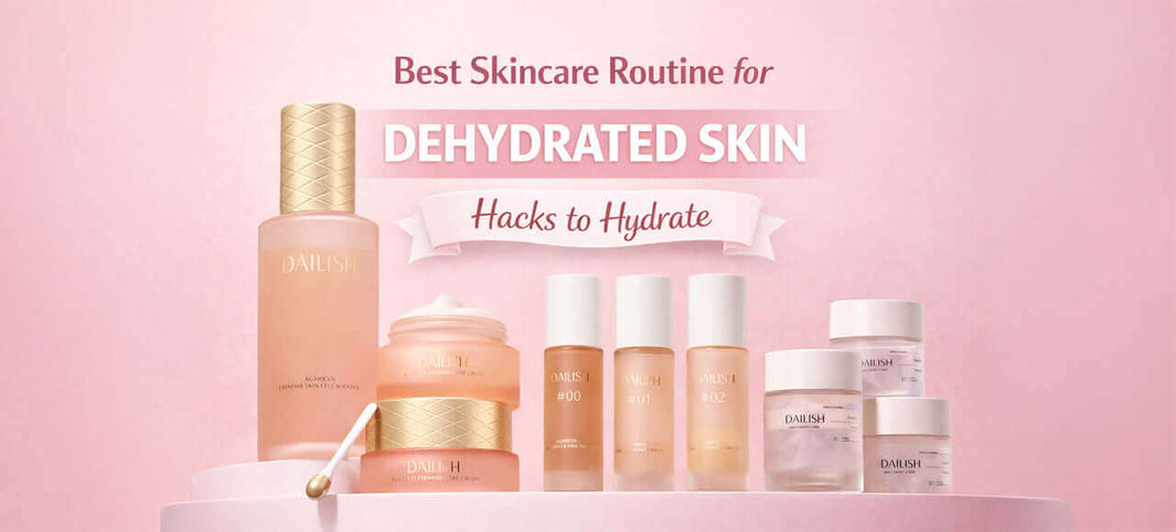 Best Skincare Routine for Dehydrated Skin: Hacks to Hydrate products arranged aesthetically on a pink background.